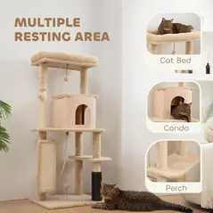 PawHut 132cm Cat Tree w/ Scratching Posts, Pad, Cat Bed, Cat House, Jumping Platform, Grooming Brush, Anti-Tip Kit, Beige - 4