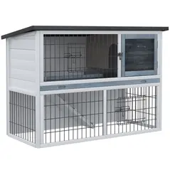PawHut 2-Tier Wooden Rabbit Hutch Guinea Pig House Bunny Cage Backyard w/ Openable Roof Small Animal House for Outdoor Grey, 108 x 45 x 78 cm - 1