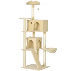 PawHut 180cm Large Cat Tree Tower with Sisal Scratching Posts, Condos, Plush Perches, Hammock, Ladder, Beige - 1