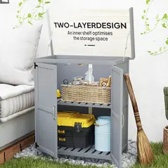 Outsunny Wooden Garden Shed, Garden Tool Storage Shed with Hinged Roof and Shelf, Outdoor Storage Cabinet with Double Doors, Grey - 6