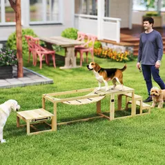 PawHut 3 Pieces Wooden Dog Agility Training Equipment with Soft Bridge, Pause Platform and Pet Stair for Outdoor, Natural Wood - 2