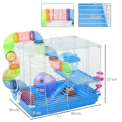 Pawhut 2 Tier Hamster Cage, Gerbil Cage with Handle, Exercise Wheels, Tunnel, Tube, Water Bottle, Dishes, Ladder, for Dwarf, Blue - 3