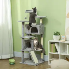 PawHut 138cm Cat Tree, Multi-Level Cat Tower with Scratching Posts and Pad, Bed, Condos, Platforms, Toy Balls, Light Grey - 2