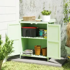 Outsunny Wooden Garden Shed, Garden Tool Storage Shed with Hinged Roof and Shelf, Outdoor Storage Cabinet with Double Doors, Light Green - 8