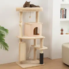 PawHut 132cm Cat Tree w/ Scratching Posts, Pad, Cat Bed, Cat House, Jumping Platform, Grooming Brush, Anti-Tip Kit, Beige - 2