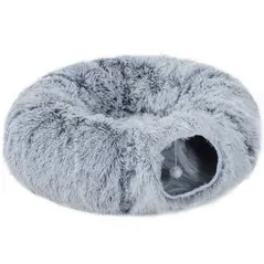 PawHut 2-in-1 Donut Cat Tunnel with Washable Bed, Play Tunnel Bed with Toy Ball and Door Hole for Indoor Cats, Light Grey - 1
