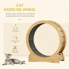 PawHut 30" Wooden Cat Running Wheel with Brake, Natural Wood Finish - 4