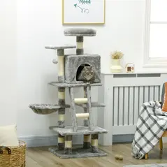 PawHut 132cm Cat Tree with Scratching Post, House, Hammock, Toy Balls - Grey - 2