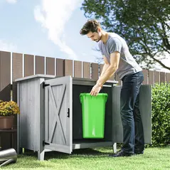 Outsunny Wooden Garden Shed, Outdoor Fir Wood Storage Shed with Shelf and Double Doors, Light Grey - 9