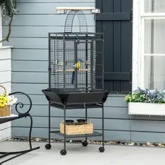 PawHut 156cm Bird Cage,Large Parrot Cage with Open Play Top, Perch, Seed Guard, Wheels, Storage Shelf, Dark Grey - 2