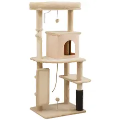 PawHut 132cm Cat Tree w/ Scratching Posts, Pad, Cat Bed, Cat House, Jumping Platform, Grooming Brush, Anti-Tip Kit, Beige - 1