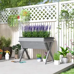 Outsunny Wooden Raised Garden Bed with Bed Liner, Elevated Planter Box with Legs, Light Grey - 7