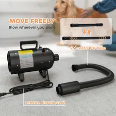 PawHut 2200W Dog Hair Dryer with Adjustable Temperature & Velocity, 3 Different Nozzles, Black - 7