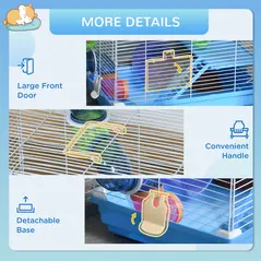 Pawhut 2 Tier Hamster Cage, Gerbil Cage with Handle, Exercise Wheels, Tunnel, Tube, Water Bottle, Dishes, Ladder, for Dwarf, Blue - 6