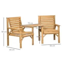 Outsunny Wooden Garden Love Seat, 2 Seater Jack & Jill Companion Seat with Coffee Table and Parasol Hole, Partner Bench, Table and Chairs Set, Outdoor Furniture for Garden, Balcony, Patio, Brown - 3