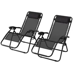 Outsunny Zero Gravity Chair Set of 2, Metal Frame Texteline Armchair Outdoor Folding and Reclining Sun Lounger with Head Pillow for Patio Decking Gardens Camping, Black - 1