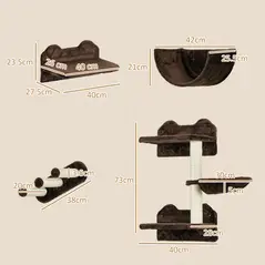 PawHut 4PCs Wall-Mounted Cat Shelves w/ Scratching Post, Hammock, Nest - Brown - 3