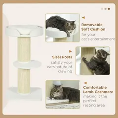 PawHut 2 Tier Sisal Sherpa Cat Tree with Basket Cushion Sisal Post Cream White - 5