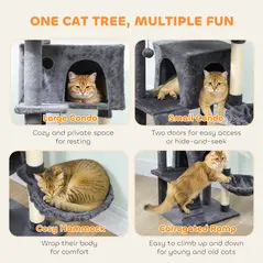 PawHut 140cm Large Cat Tree Tower with Sisal Scratching Posts, Cat Houses, Plush Perches, Hammock, Ladder, Dark Grey - 4