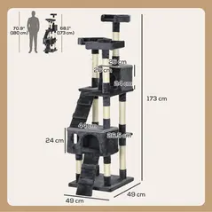 PawHut 173cm Cat Tree Scratching House, Activity Play Centre, Charcoal Grey - 3