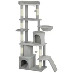 PawHut 170 cm Large Cat Tree, Cat Tower with 7 Scratching Posts, 2 Condos, Hammock,  Light Grey - 1