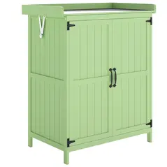 Outsunny Wooden Garden Shed, Garden Tool Storage Shed with Hinged Roof and Shelf, Outdoor Storage Cabinet with Double Doors, Light Green - 1