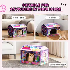 PawHut 2 in 1 Gaming Style Cardboard Cat House with Scratching Board & Catnip for Indoor Cats, Pink - 7