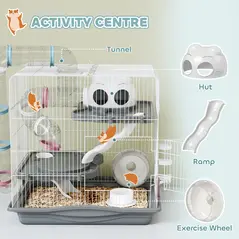 PawHut 3-Tier Hamster Cage with Exercise Wheels, Water Bottle, Food Dish, for Dwarf Hamsters, 45 x 30 x 45 cm, Grey - 5