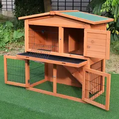 PawHut 2 Tier Rabbit Hutch Guinea Pig Hutch Ferret Cage with Ramp Slide Out Tray for Indoor Outdoor 100.5 x 55 x 101 cm - 2