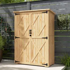 Outsunny Wooden Garden Storage Shed, Tool Storage Cabinet with Asphalt Roof and 2 Shelves for Garden Tools, Equipment, Outdoor Tool Shed with Double Doors, Natural - 9