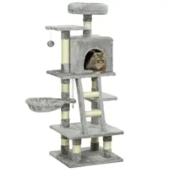 PawHut 132cm Cat Tree with Scratching Post, House, Hammock, Toy Balls - Grey - 1