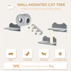 PawHut 4PCs Wall-Mounted Cat Tree, with Steps, Perch, Cat House - Grey - 4