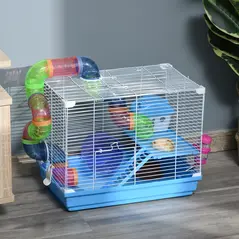 Pawhut 2 Tier Hamster Cage, Gerbil Cage with Handle, Exercise Wheels, Tunnel, Tube, Water Bottle, Dishes, Ladder, for Dwarf, Blue - 2