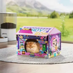 PawHut 2 in 1 Gaming Style Cardboard Cat House with Scratching Board & Catnip for Indoor Cats, Pink - 8