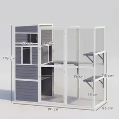PawHut 4-Tier Wooden Catio Cat Outdoor Enclosure with Sun Roof, Resting Rooms, 3 Platforms, Window Outdoor Indoor, Grey - 3