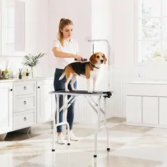 PawHut 32" Foldable Dog Grooming Table Pet Drying Beauty Table Adjustable Fixed Arm Rubber Top, Black - 2