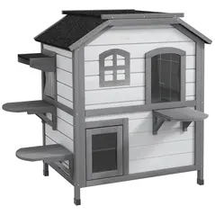 PawHut 2-Story Indoor or Outdoor Cat House W/ Escape Door, Cat Shelter, White - 1