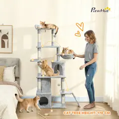 PawHut 170 cm Large Cat Tree, Cat Tower with 7 Scratching Posts, 2 Condos, Hammock,  Light Grey - 4