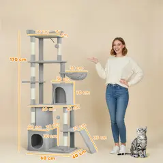 PawHut 170 cm Large Cat Tree, Cat Tower with 7 Scratching Posts, 2 Condos, Hammock,  Light Grey - 3