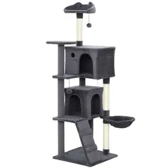 PawHut 160cm Large Cat Tree Tower with Sisal Scratching Posts, Condos, Plush Perches, Hammock, Ladder, Dark Grey - 1