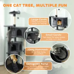 PawHut 180cm Large Cat Tree Tower with Sisal Scratching Posts, Condos, Plush Perches, Hammock, Ladder, Dark Grey - 4