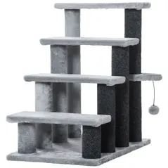 PawHut 4-step Pet Stairs with Scratching Posts, Platforms, Toy Ball, Grey - 1