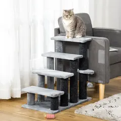 PawHut 4-step Pet Stairs with Scratching Posts, Platforms, Toy Ball, Grey - 2