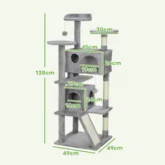 PawHut 138cm Cat Tree, Multi-Level Cat Tower with Scratching Posts and Pad, Bed, Condos, Platforms, Toy Balls, Light Grey - 3