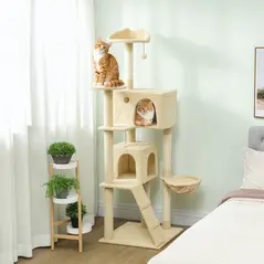 PawHut 180cm Large Cat Tree Tower with Sisal Scratching Posts, Condos, Plush Perches, Hammock, Ladder, Beige - 2