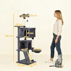 PawHut 160cm Large Cat Tree Tower with Sisal Scratching Posts, Condos, Plush Perches, Hammock, Ladder, Dark Grey - 3