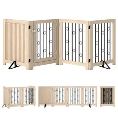 PawHut 4 Panel Freestanding Pet Gate, Indoor Dog Barrier with Lockable Door, Support Feet, 360° Flexible Hinges, Oak - 1