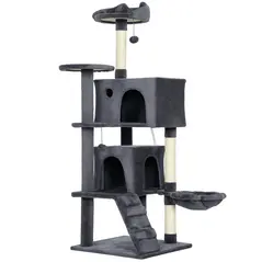PawHut 140cm Large Cat Tree Tower with Sisal Scratching Posts, Cat Houses, Plush Perches, Hammock, Ladder, Dark Grey - 1