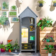 Outsunny Wooden Garden Storage Shed with 3 Shelves, Outdoor Tool Storage Cabinet with Tilt Roof and Lockable Door, 77.5 x 54.2 x 179.5 cm, Grey - 7