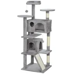 PawHut 138cm Cat Tree, Multi-Level Cat Tower with Scratching Posts and Pad, Bed, Condos, Platforms, Toy Balls, Light Grey - 1